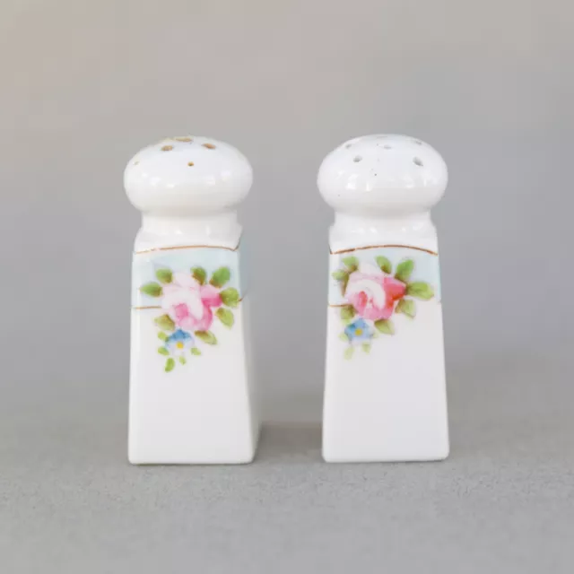 VINTAGE HAND PAINTED Salt and Pepper Shakers Pink and Blue Floral Roses ...