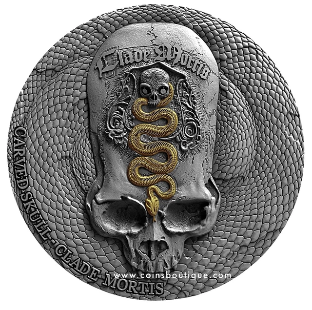 Clade mortis carved skull 1 oz ultra high relief silver coin Cameroon 2018