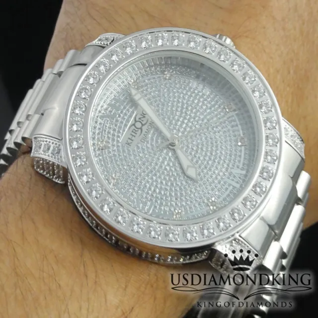 Men's New White Gold Tone Full Stainless Steel Genuine Diamond Wrist Watch Icy