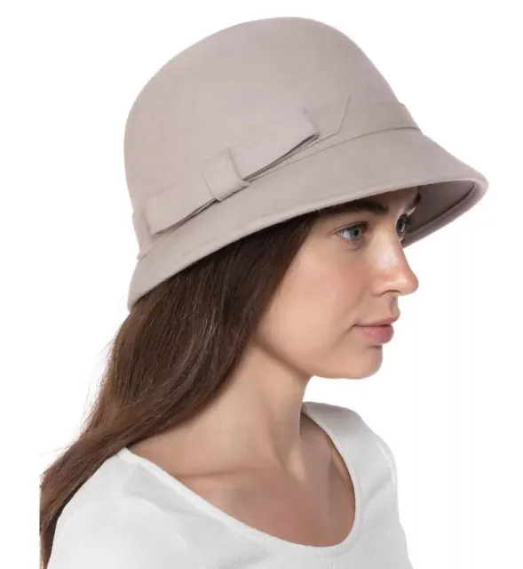 INC stitched bow felt 100% wool adjustable women's cloche hat - TAUPE/LIGHT TAN