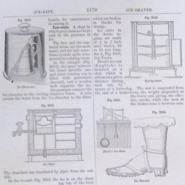 "Ice Sandal" "Ice Safe" Refrigerator Original 1876 Mechanical Dictionary Pages