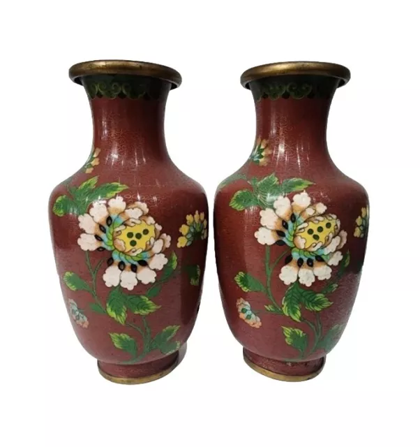 Pair of Large 9 Inch (23cm) Vintage Chinese Cloisonne Floral Vases