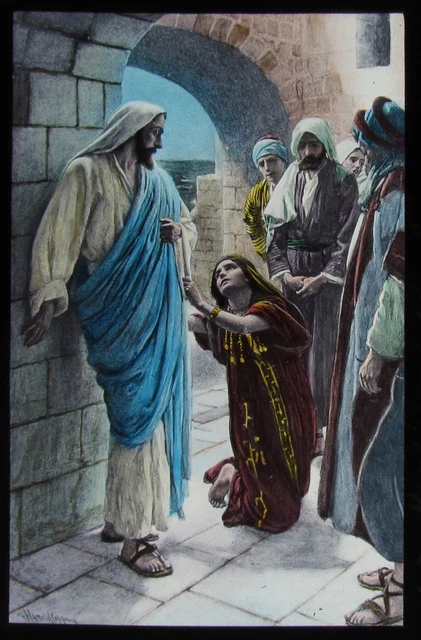 Glass Magic Lantern Slide HEALING THE CANANITE WOMAN C1900 RELIGIOUS BIBLE