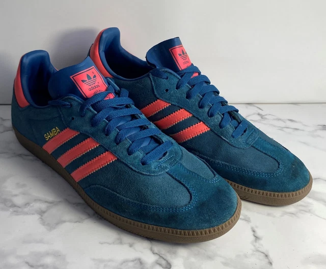 Scarpe da ginnastica ADIDAS ORIGINALS Samba da uomo UK taglia 10 blu con righe rosa. Camoscio