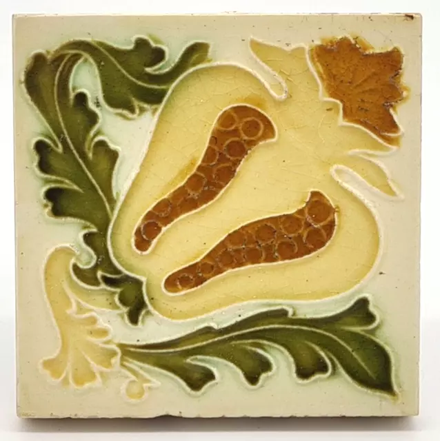 Early Art Nouveau Majolica Tile With Floral Design By Pilkington C1895 3" X 3"
