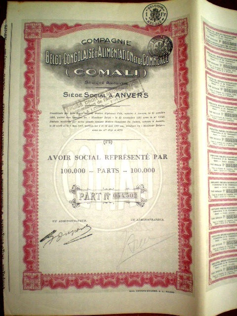 Belgo Congolaise d´Alimentation et Commerce,share certificate 1927 COMALI