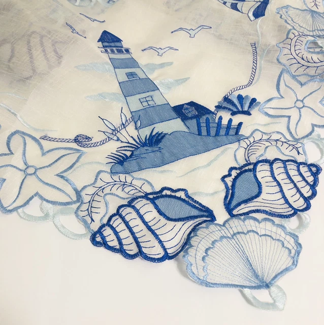 Sheer Embroidered Tablecloth Topper Lighthouse Seashells Beach ￼34” X 34”