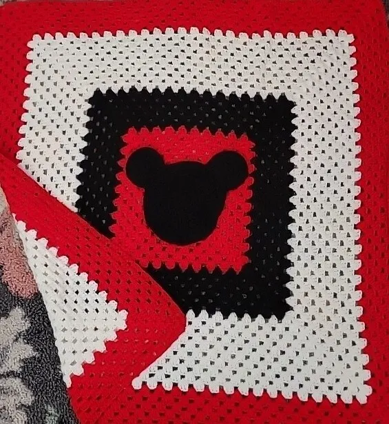 Handmade Crochet Knit Afghan Throw Lap Blanket Mickey Mouse  37.5× 39.5