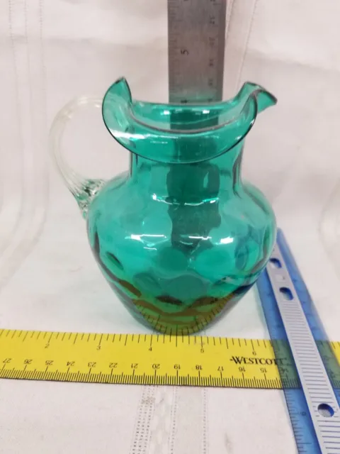 Teal Green Optic Glass Small Pitcher Hand Blown Applied Handle 4.5” coin dot
