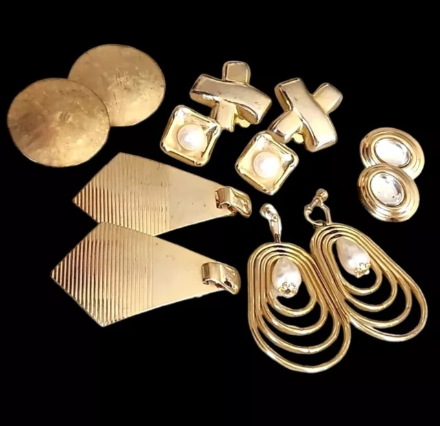 Vintage Lot Chunky Clip Earrings Retro Door Knocker Pearl Gold Tone 80's 90's