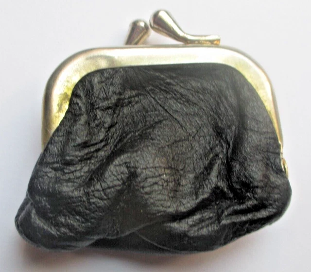 Bourse Aumônière Vintage En Cuir Noir - Fermoir Métal Doré - Très Bon état