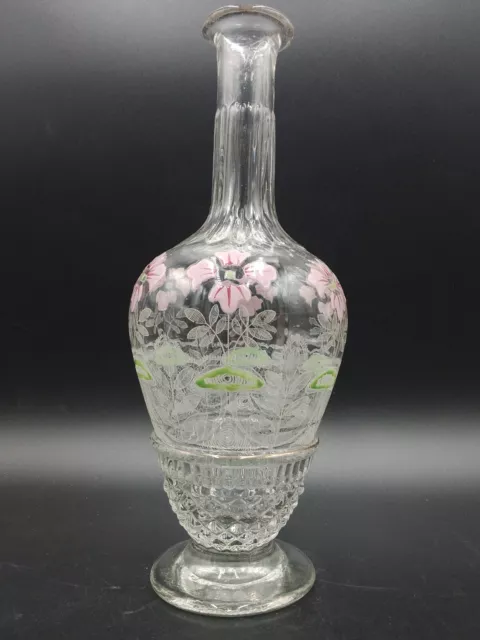 LEGRAS Bouteille Carafe en verre soufflé moulé Emaillé décor floral 0,95 Litres