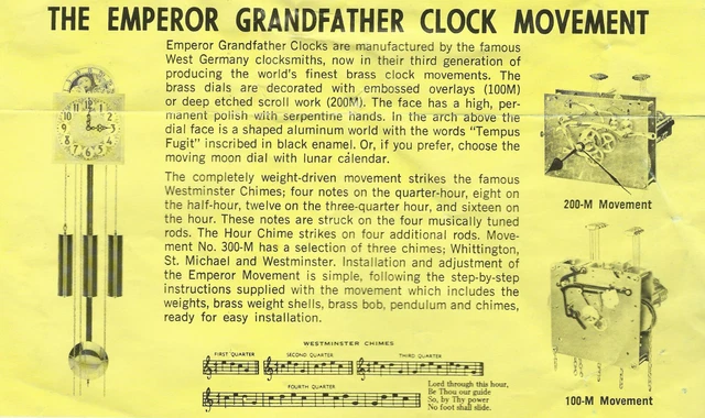 Model 100M Movement Installation Operating Instruction Emperor Grandfather Clock