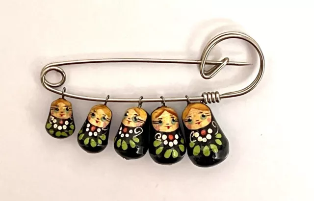 Vintage Russian Matryoshka Miniature Nesting Dolls Brooch 3” Pin Black Painted