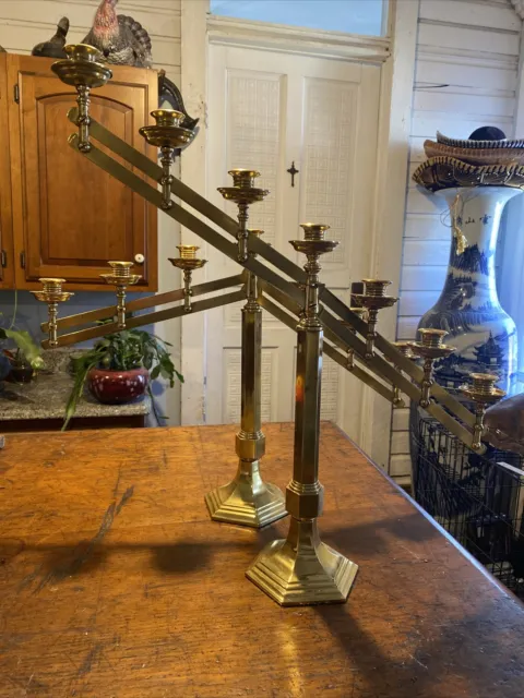 Set of 2 Antique Sudbury Brass Altar Candelabras 7 Candle Holder Adjustable