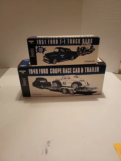 ERTL WIX Die Cast 1951 Ford F-1 Truck Bank & 1940 Ford Coupe Race Car w/ Trailer