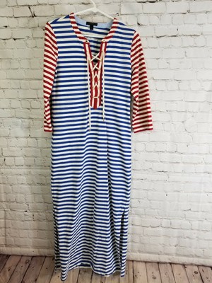 J.CREW Women's small Red White Blue STRIPED Lace-Up MAXI DRESS Long Cotton Beach