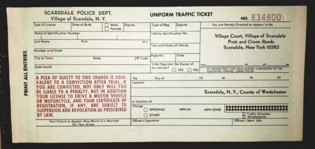 VINTAGE VILLAGE OF Scarsdale, Ny Police Traffic Ticket $19.99 - PicClick