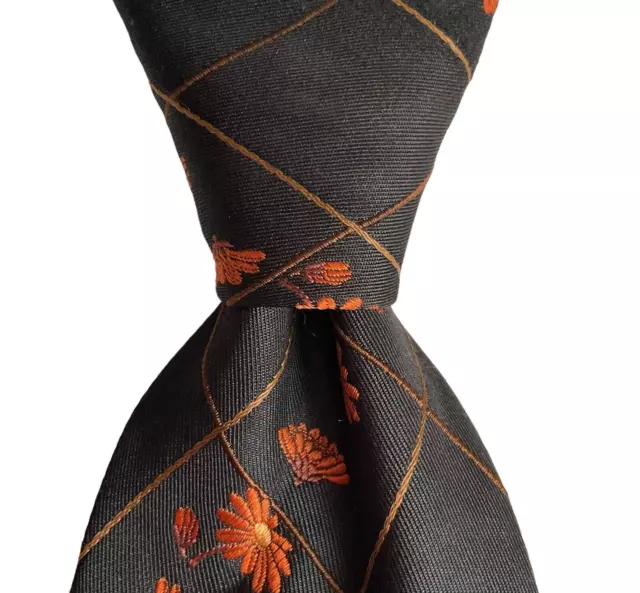 KENZO HOMME Men's Silk/Polyester Necktie ITALY Designer FLORAL Black/Orange EUC