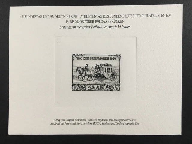 BRD AUSSTELLUNGS-BLOCK 1991 SAARBRÜCKEN IBASA SAAR TAG DER MARKE 1950 291 ua51