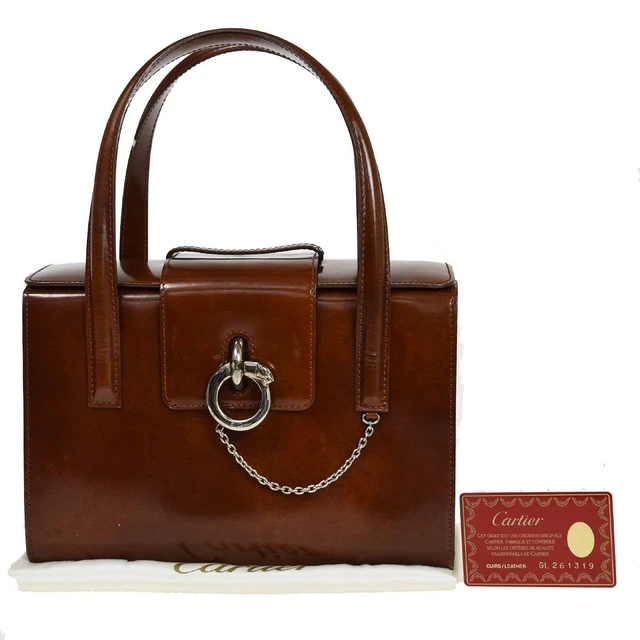 CARTIER Logo Panther Hand Bag Patent Leather Brown Silver Made In France 62AD209