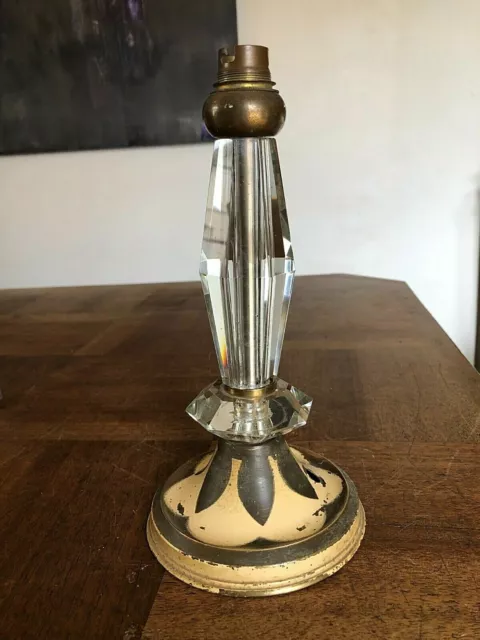 Ancien Joli Pied De Lampe En Cristal Et Métal Peint, Art Déco