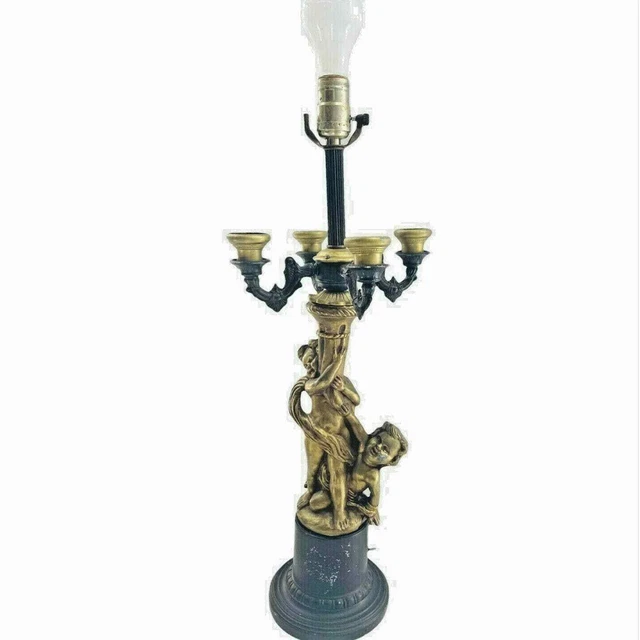 Antique Victorian Gilt Cast Metal Brass Cherub Ornate Candelabra Lamp Vintage