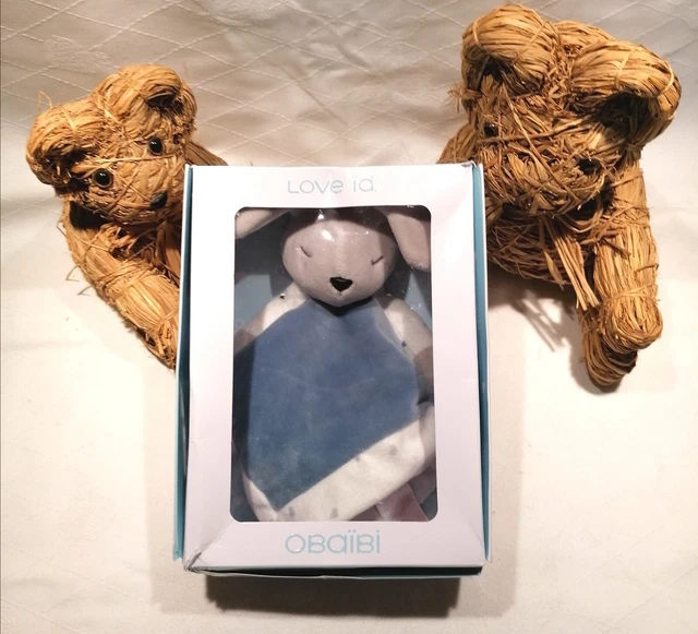 ⭐⭐⭐ Doudou Plat Obaibi Okaidi Lapin Gris Blanc Bleu Coeur NEUF
