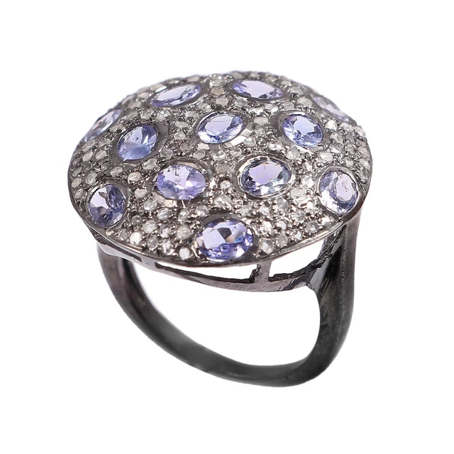 925 Sterling Silver Victorian Style Tanzanite Diamond Ring Beautifully Crafted.