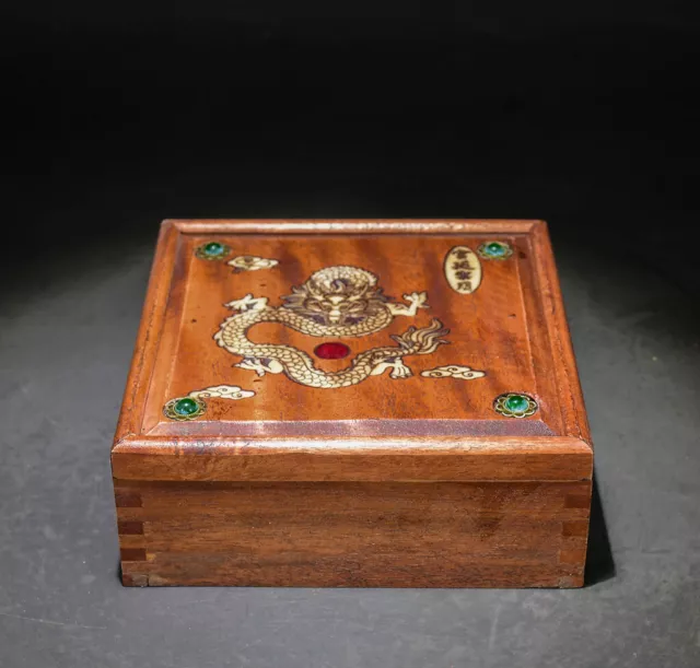 Chinese Rosewood Inlaid Gemstone Inlaid shell Handmade Dragon Pattern Box 14777