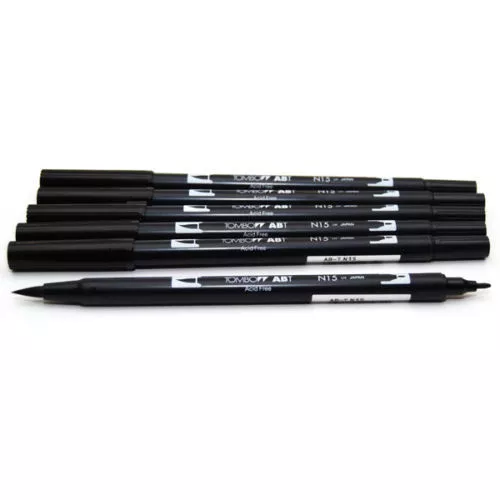 6 x Tombow Pinselstifte ABT Artists Doppelstift - schwarz (N15) UK Händler