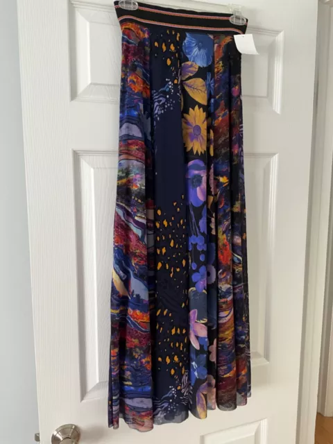 Fuzzi Floral-Print A-Line Tulle Maxi Skirt elastic waistband sz XS