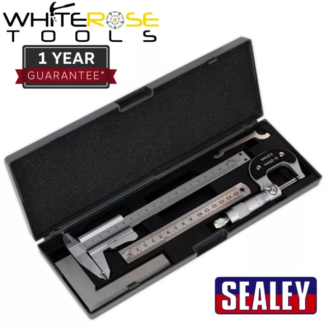 Sealey Measuring Tool Set 4pc Steel Ruler Caliper Micrometer Bevelled Square