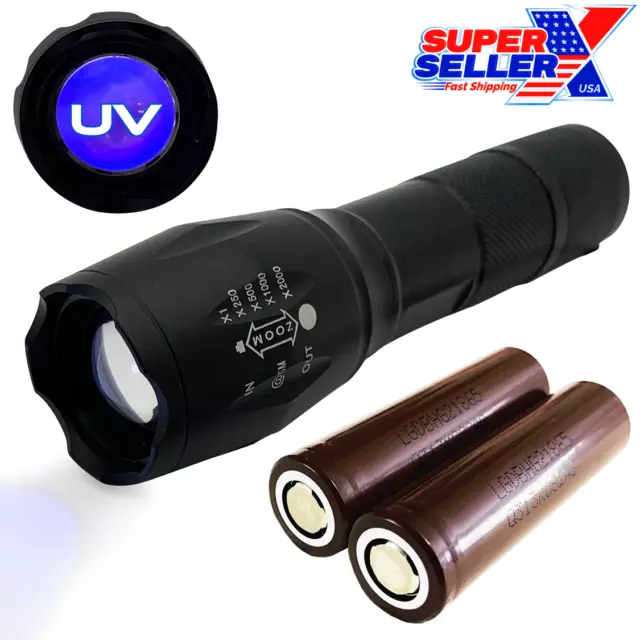 Utraviolet UV LED Flashlight Black Light Torch 365nm+ 2 PC INR18650-HG2 3000mAh