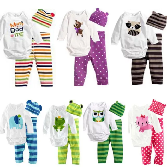 Newborn Baby Boy Girl Romper Pants Hat Outfit Set Clothes Winter Warm Casual AU.