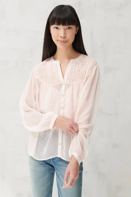 Lucky Brand Women's Smocked Yoke Peasant Blouse Pink Size L
