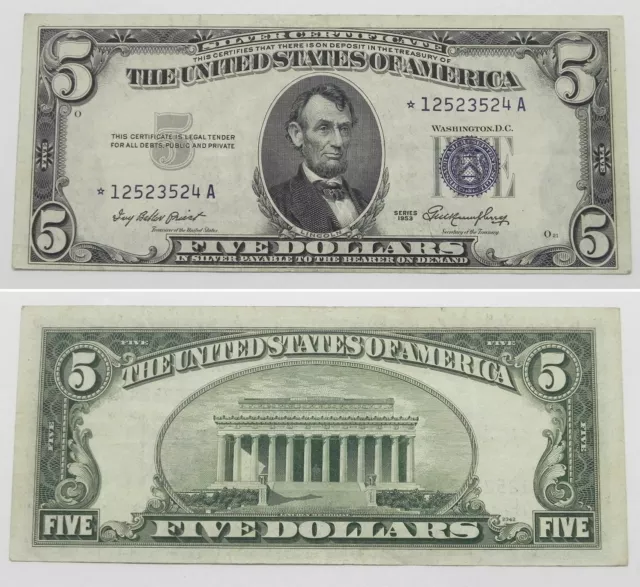 1953 Blue Seal $5 Silver Certificate STAR Note, AU+++/CU, FR-1655*, *12523524A