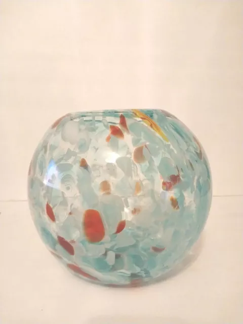 Hand Blown Art Glass Turquoise Red & White Vase 7 3/4" H x 8.5" W