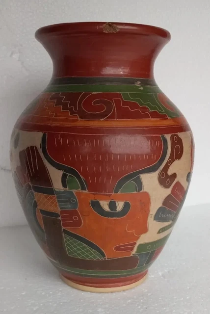 Vintage 8"  Aztec Inca Mayan Matambu  Carved Tribal Art Pottery Vase Redware