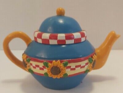 Mary Engelbreit Miniature Teapot Blue & Yellow Sunflower Trinket Box Candle...