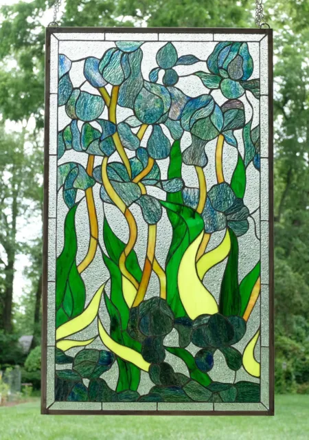 Handcrafted stained glass window panel Iris Flowers, 20.5" x 34.75" WL2023448