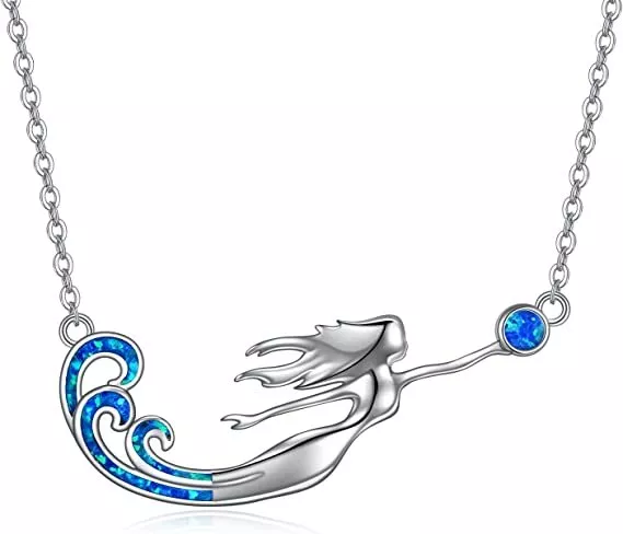 Sterling Silver Sea Mermaid Pendant Necklace with Opal Ocean Jewelry for Women