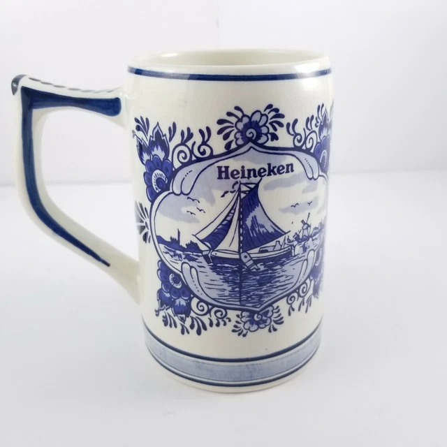 Heineken Stein Mug Delft Blue 1997 Hand Painted Dutch Sailing Ship Windmill