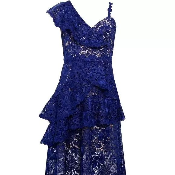 Alice +Olivia Florrie Ruffle One-Shoulder Lace Dress Blue lace blue dress 8 3