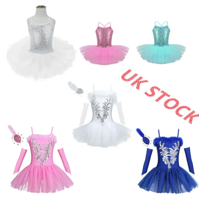 UK Kid Girls Ballet Dance Tutu Dress Leotard Tulle Sequin Swan Ballerina Costume