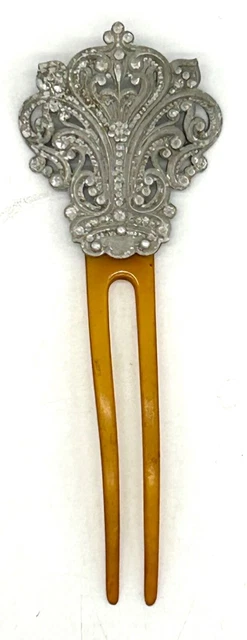 Vintage Art Deco 4" Amber Hair Comb With Ornate Metal Crown, Stick Two Prong