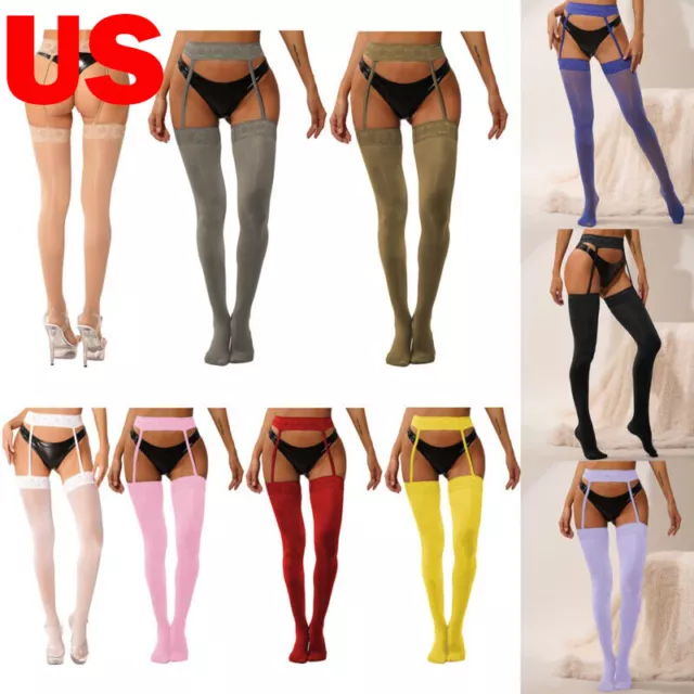 US Womans Sheer Thigh High Stockings Tights Suspender Pantyhose Lace Garter Belt