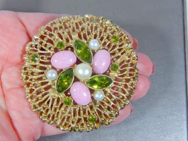 Huge Vintage Sarah Cov Fashion Splendor Pink Cabochon Peridot Crystal Gt Brooch