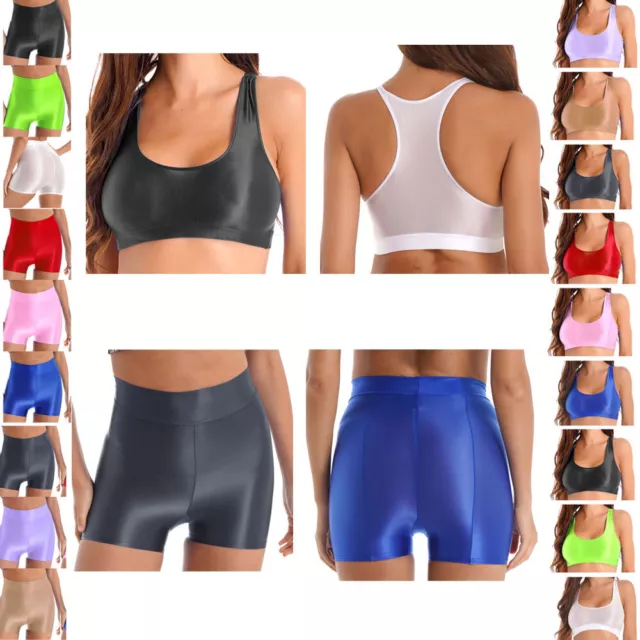 Women's Glossy Shorts Top Vest Set Yoga Spandex Running Workout Booty Shorts