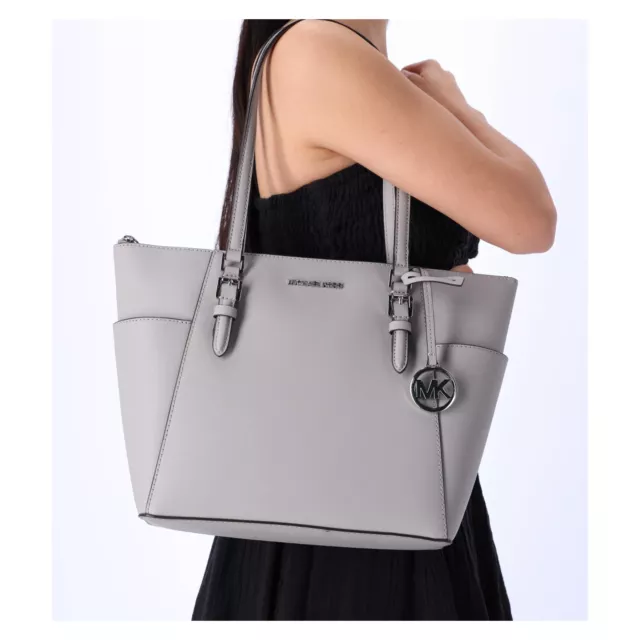 Michael Kors Charlotte Large Top Zip Leather Tote Pearl Grey Saffiano Leather